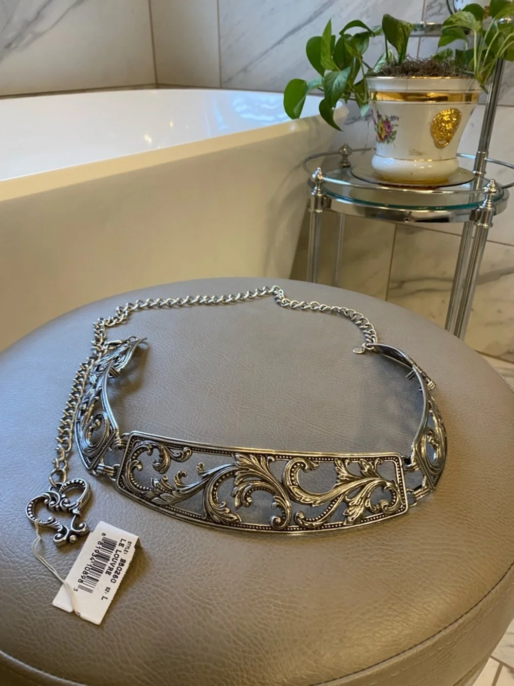 NWT Brighton silver-toned, ornate metal chain belt Size L